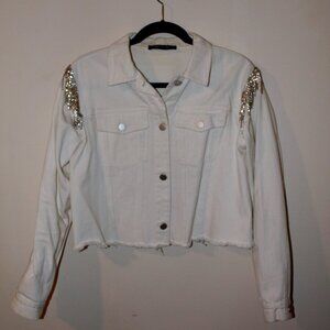 Blue B Collection White Denim Jacket with Crystal Fringe Sleeves Size L